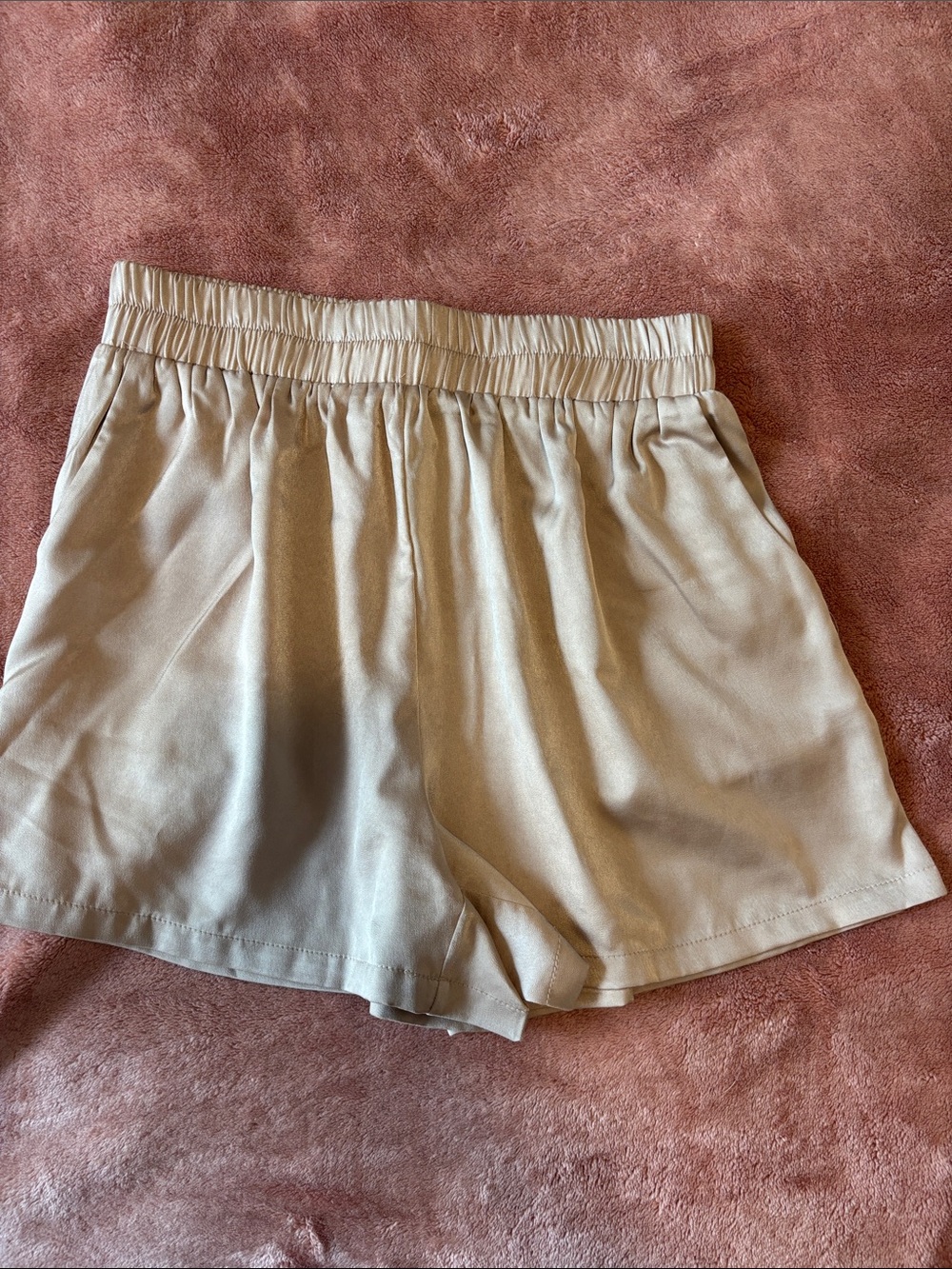 Women’s Elastic-Waist Satin Shorts — Beige